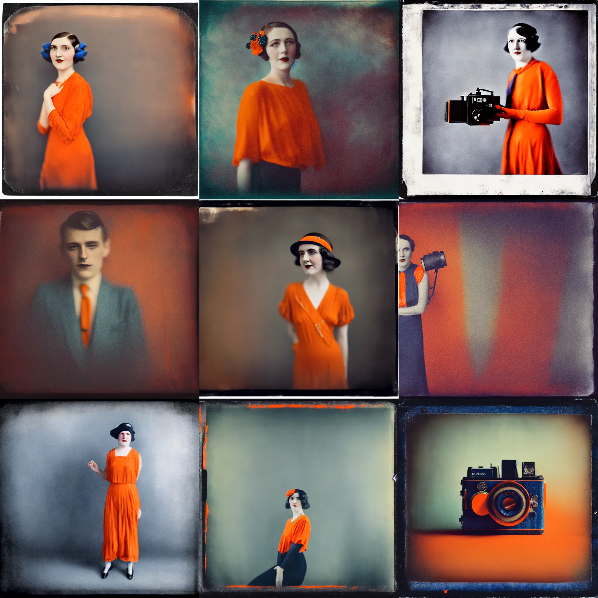 Prompt: kodak portra 4 0 0, wetplate, motion blur, portrait photo of a studio backdrop, 1 9 2 0 s style, no people, coloured in blueberry and orange, in style of britt marling