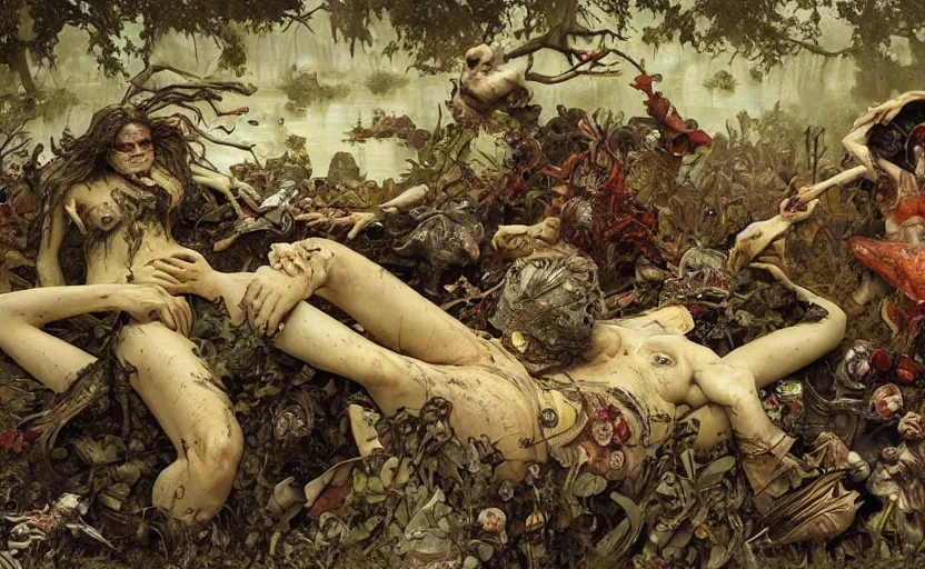 Image similar to renaissance grotesque painting of ovni crash wasteland, landfill, swamp, corpses on the floor, elegant artwork by lee bermejo and greg rutkowski and alphonse mucha