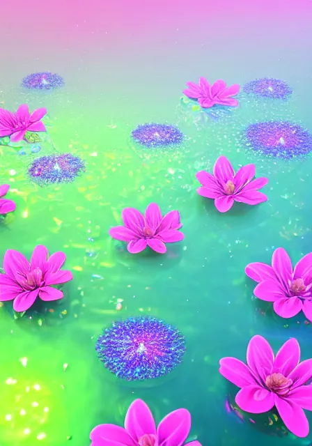 Image similar to 3d render of holographic flowers floating in water, digital art, octane renter, hd, 8k, hyperrealistic, highly detailed, trending on behance