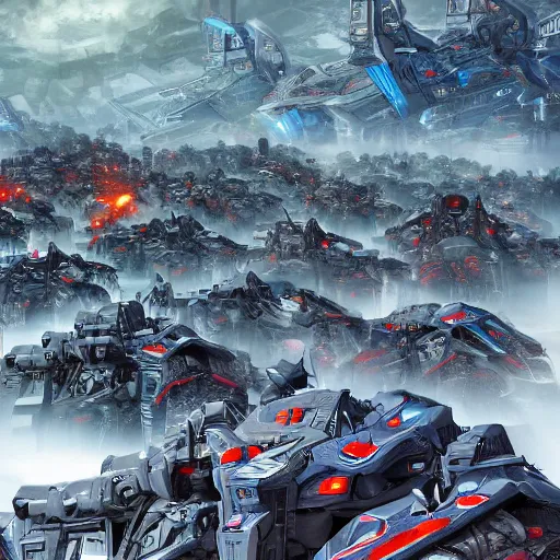 Image similar to sprawling view of an army of decepticons marching on cybertron, trending on artstation