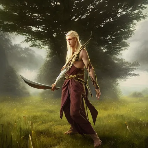 Prompt: a beautiful portrait of an epic fantasy style mystical forest elf man with long blond hair holding a epic elven longsword in the midst of a grassy meadow, oil painting, Greg Rutkowski, Charlie Bowater, swordsman, unreal 5, DAZ, hyperrealistic, octane render, RPG portrait, dynamic lighting, fantasy art,
