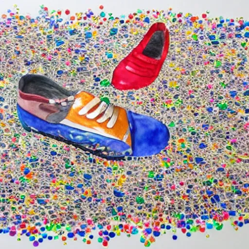 Image similar to A beautiful sculpture. We are racers on an endless highway, driving at each other at high speeds, deciding whether or not to turn away at the last minute. watercolor, shoes by Jacob Hashimoto hyperdetailed