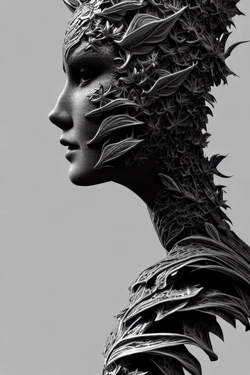 Prompt: bw close - up profile face, black background, beautiful young porcelain vegetal - dragon - cyborg - female, 1 5 0 mm, beautiful natural soft rim light, silver gold details, magnolia leaves and stems, roots, mandelbot fractal, elegant, hyper real, ultra detailed, white metallic armour, octane render, 1 6 k