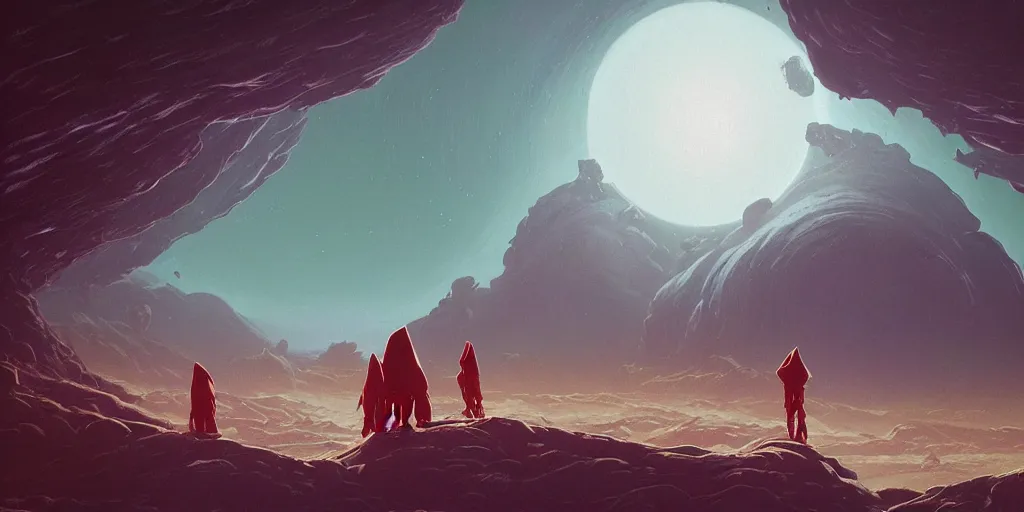 Image similar to the cult of pluto, a highly detailed cinematic oil painting by roger dean and alena aenami, hooded figures, dynamic lighting