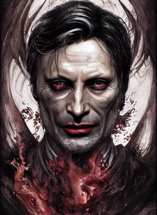 Prompt: Portrait of Mads Mikkelsen as Dracula , the prince of darkness , lord of the vampires ,evil smirk , fangs , marvel comics, dark, intricate, highly detailed, smooth, artstation, digital illustration by Ruan Jia and Mandy Jurgens and Artgerm and Wayne Barlowe and Greg Rutkowski and Frank Frazetta