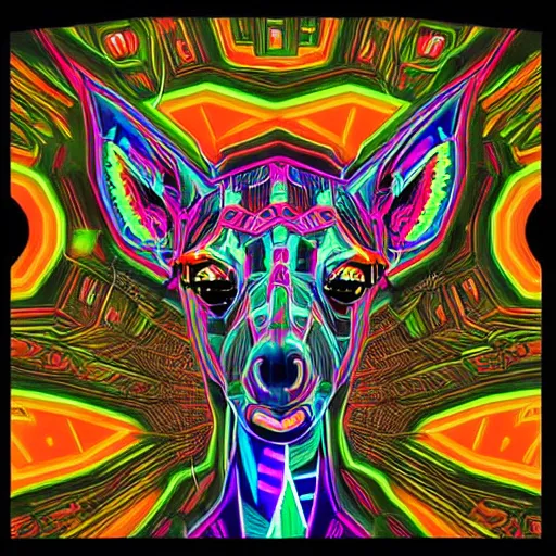 Image similar to a psychedelic neon technicolor portrait illustration of a cyberpunk giraffe in geometric kaleidoscopic colors trending on artstation 4 k intricate extremely detailed digital art