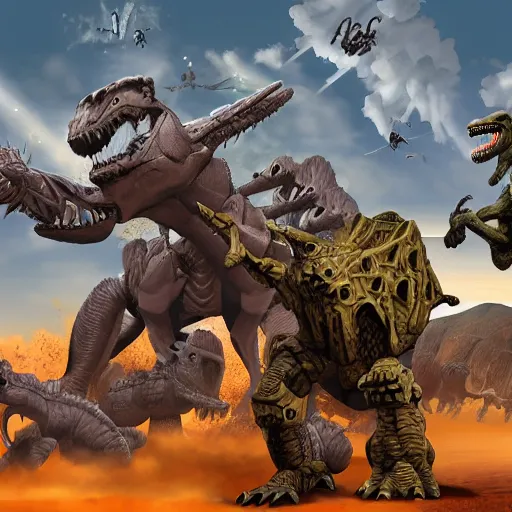 Image similar to mechs fighting dinosaurs