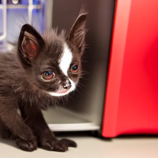 Image similar to a bat kitten, sitting in front of a fridge, photo taken by a nikon, very detailed, 4k