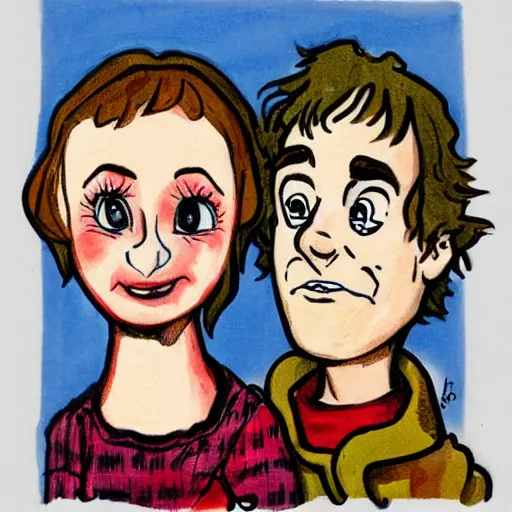 Prompt: merry and pippin, cartoon portrait,