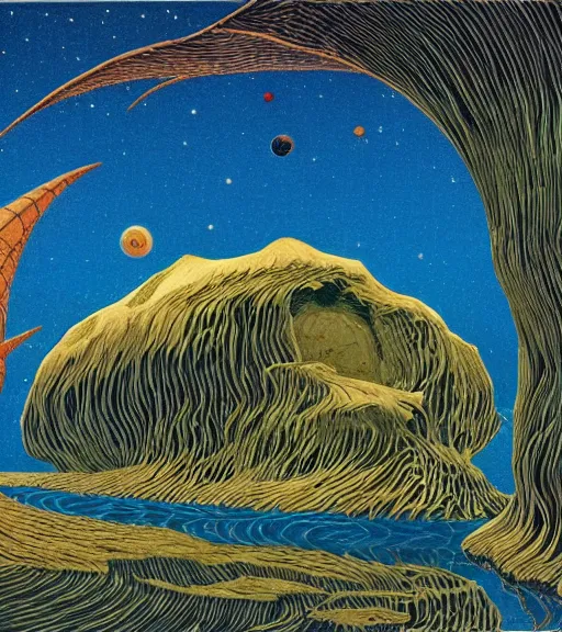 Prompt: pyrography of a Cosmic Convergence pastiche by Roger Dean and Moebius