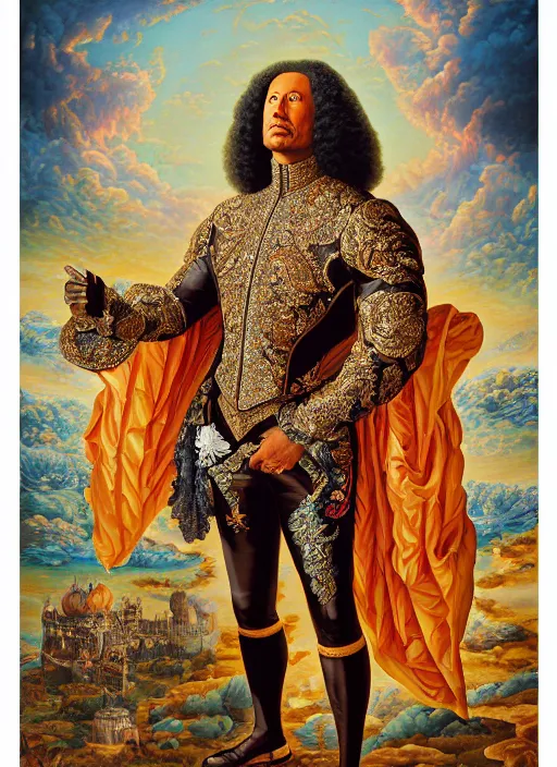 Prompt: beautiful oil painting, full length portrait of Dwayne the rock Johnson as Louis xiv in coronation robes 1701, baroque, Dan Mumford, Dan Mumford, Alex grey, Alex grey, highly detailed , lsd visuals, dmt fractal patterns, hallucinogen, visionary art, psychedelic art, ornate, vaporwave