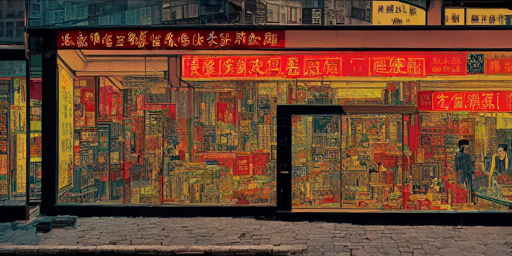 Image similar to a shop window in hong kong, by dan mumford and peter doig and edward hopper, minimal, black in, thick lines highly detailed, muted colours, overlaid with chinese adverts, 8 k