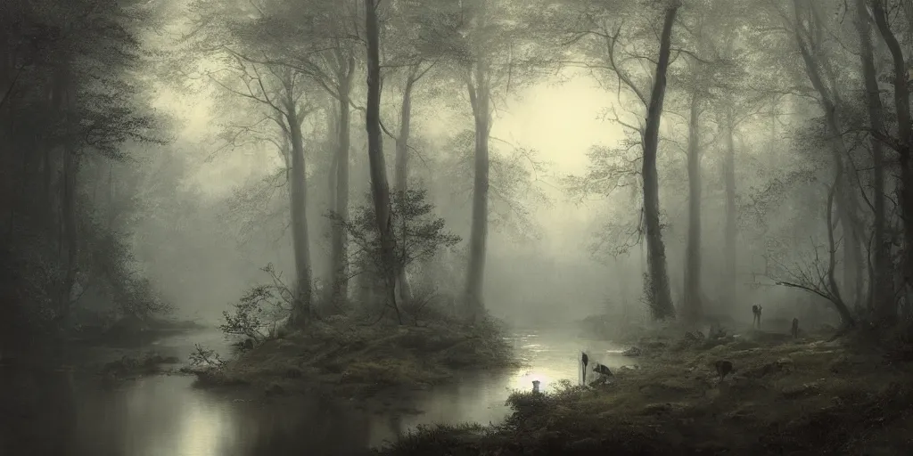 Image similar to [ a dark scene of a dense forest at night with a gentle stream through it, moonlight through trees, volumetric light and mist, fog, deer drinking from the stream ], andreas achenbach, artgerm, mikko lagerstedt, zack snyder, tokujin yoshioka