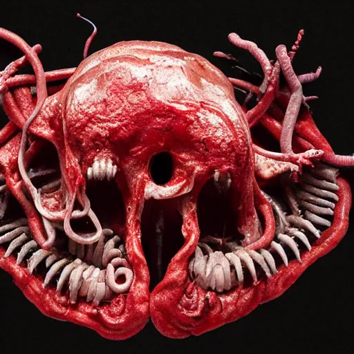 Prompt: a photo of a gory blood-red abomination without shape or form, slimy and reflective, composed of individual animal skulls, frightening, twitching and writhing, with intestine-like smooth and shiny worms slithering out of the central mass, razor sharp teeth, twisted glowing eyes, body horror with patches of fur and mold, blood oozing from every body crevice, ultra-detailed, ultra-realistic, color