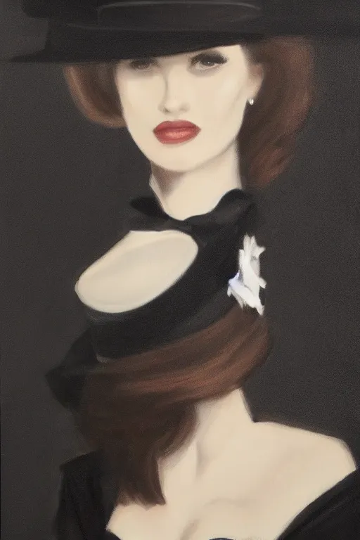 Prompt: elegant long hair lady wearing gentleman suit and tophat, mysterious, portrait, photorealism, noir, dark background