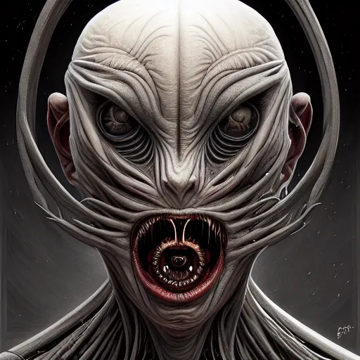 Image similar to symmetry!! portrait of grotesque alien, sci - fi horror, intricate, body horror, dark design, highly detailed, dark dynamic lighting, digital art, digital painting, artstation, smooth, sharp focus, illustration, art by artgerm and h r giger and greg rutkowski and alphonse mucha, 8 k - h 7 0 4