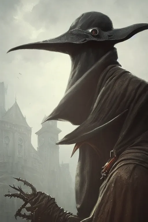 Prompt: A closeup of a Plague Doctor by Greg Rutkowski, Dan Mumford, Christophe Vacher, Bloodborne, 4k photorealistic, volumetric lighting, HD, high details, dramatic, dark atmosphere, trending on artstation