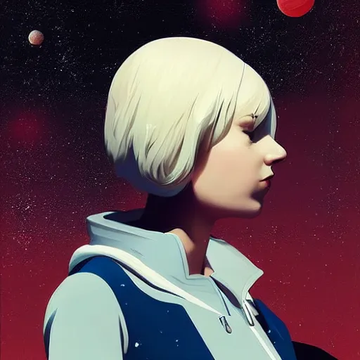 Image similar to ilya kuvshinov art of a woman floating in space