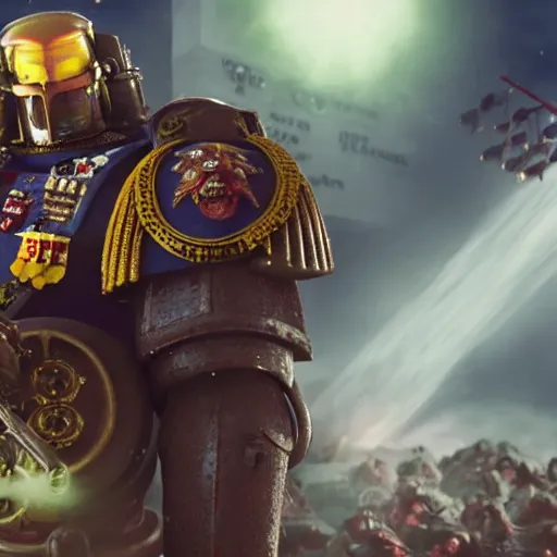 Prompt: nigel farage as a space marine in warhammer space marine, splash art, movie still, cinematic lighting, dramatic, octane render, long lens, shallow depth of field, bokeh, anamorphic lens flare, 8 k, hyper detailed, 3 5 mm film grain