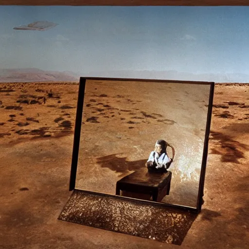 Image similar to salvador dali with full - face golden mask in a dry rocky desert landscape, visible sky and sunny atmosphere, fata morgana and giant square mirrors, film still from the movie by alejandro jodorowsky with cinematogrophy of christopher doyle and art direction by hans giger, anamorphic lens, kodakchrome, very detailed photo, 8 k