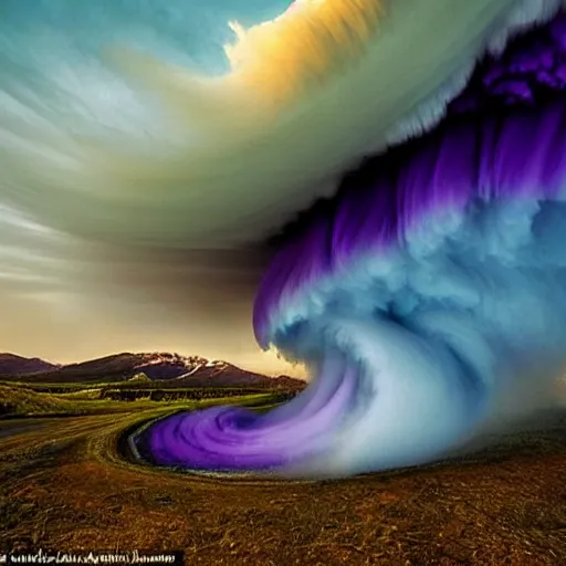 Image similar to amazing photo of a purple clouds in the shape of a tornado by marc adamus, beautiful dramatic lighting