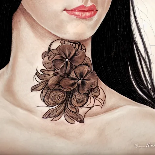 Prompt: portrait of a young lady with curly black hair with tattoo of a flower on her neck, round face, big brown eyes, picture, hyperrealistic, focused, detailed, computer painting