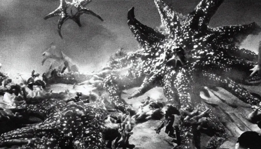 Prompt: a filmstill of the movie Pulgasari by Shin Sang-ok and Kim Jong-il, a giant kaiju starfish destroying a korean palace, cinematography by Akira Kurosawa