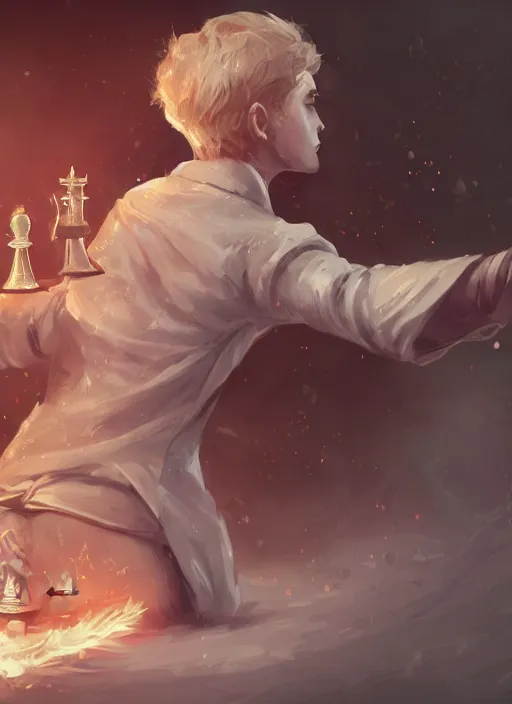 Image similar to a highly detailed illustration of short ginger haired man wearing white suit, dramatic holding chess piece pose, summoning demon girl, intricate, elegant, highly detailed, centered, digital painting, artstation, concept art, smooth, sharp focus, league of legends concept art, WLOP