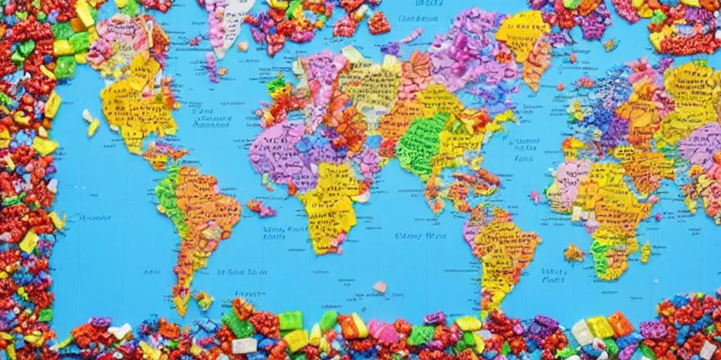 Image similar to a world map made out of candy pieces