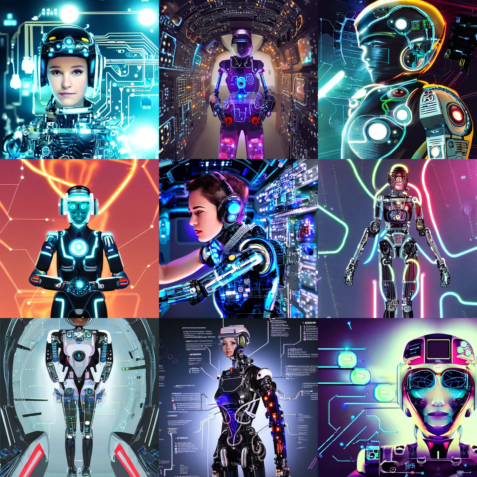 Prompt: female robot fighter pilot made of circuits and computer parts, connected to jet cockpit by many glowing tubes and wires, quantum feild, comic book art, cinematic, highly detailed, realistic, beautiful cosmic neural network
