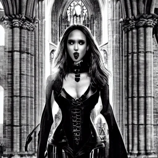 Image similar to jessica alba as a female demon in a gloomy gothic cathedral at night