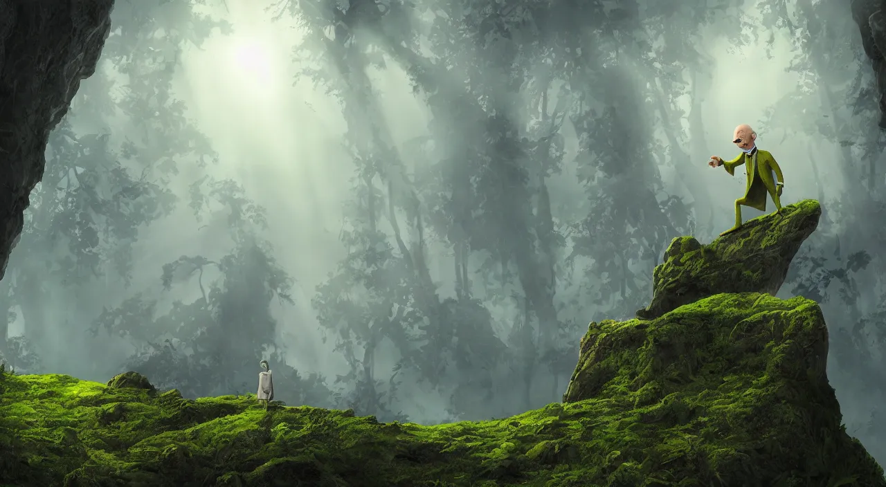 Image similar to photorealistic matte painting of mr burns from the simpsons standing far in misty overgrowth undergrowth jagged rock features volumetric fog light rays high contrast dawn