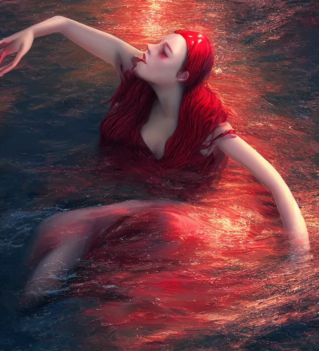 Prompt: scarlet witch floating in the sea while asleep and she is glowing red, nostalgia, very detailed texture, realistic shaded lighting, studio quality, digital art, dark background style by wlop, unreal engine 5 rendered, octane rendered, pinnacle studio, naturel, trending on artstation, art style by nixeu and ian sprigger