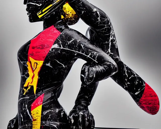 Prompt: extremely beautiful black marble statue with colorful motocross logos behind her, sharp focus, clear, detailed,, cinematic, detailed, off white, glamourous, symmetrical, vogue, editorial, fashion, magazine shoot, glossy