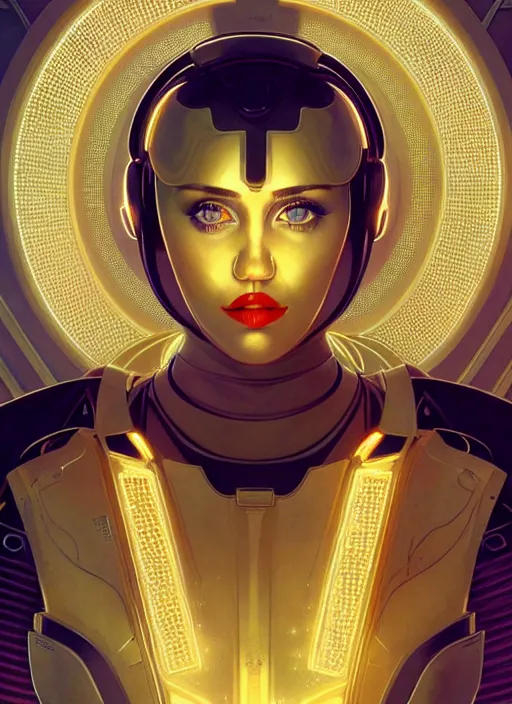Prompt: symmetry!! portrait of miley cyrus, gold sci - fi armour, tech wear, glowing lights!! sci - fi, intricate, elegant, highly detailed, digital painting, artstation, concept art, smooth, sharp focus, illustration, art by artgerm and greg rutkowski and alphonse mucha