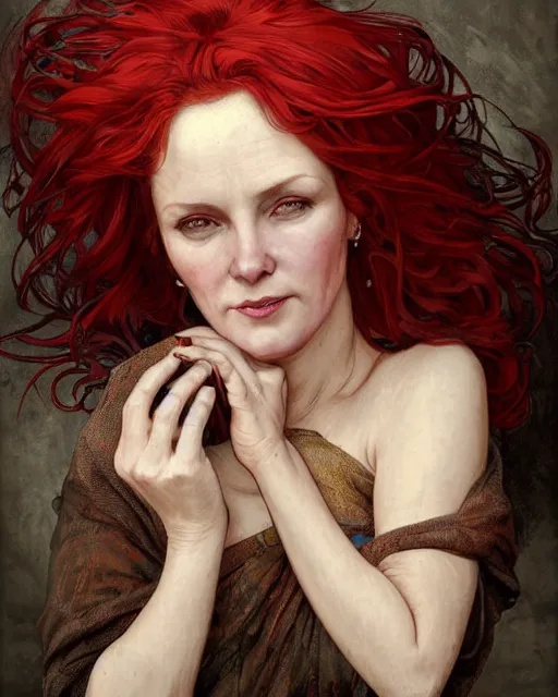 Image similar to portrait of short and plump 5 0 - year - old woman with red hair and a kind face, hyper realistic face, beautiful eyes, close up, fantasy art, in the style of greg rutkowski, intricate, alphonse mucha, hyper detailed, smooth