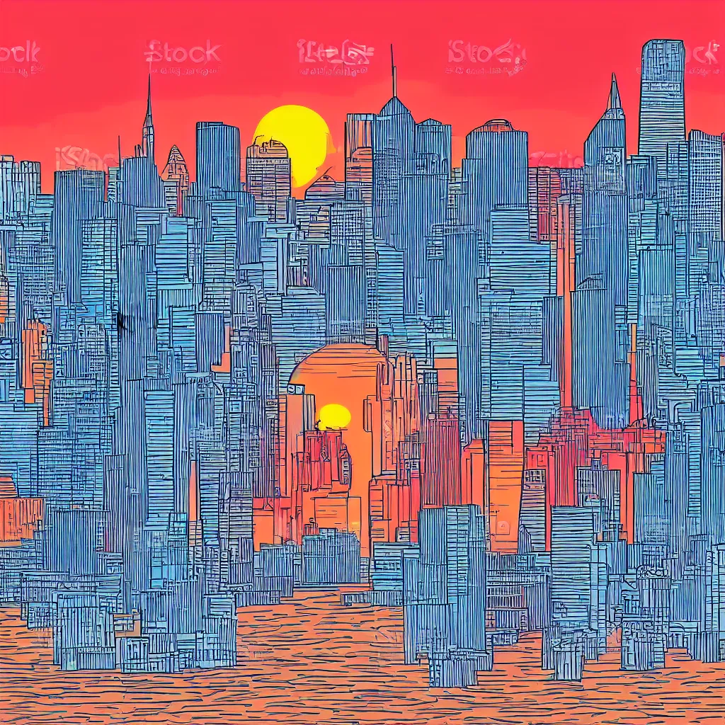 Prompt: minimialist vector art of tampa skyline at sunset, illustration