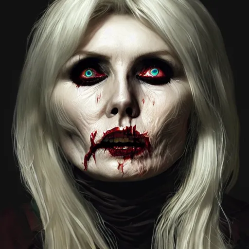 Prompt: debbie harry as a zombie with cuts on face, 7 days to die zombie, fine art, award winning, intricate, elegant, sharp focus, cinematic lighting, highly detailed, digital painting, 8 k concept art, art by guweiz and z. w. gu, masterpiece, trending on artstation, 8 k