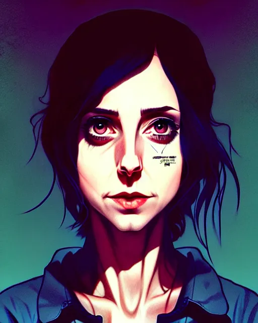 Image similar to loish, artgerm, Joshua Middleton art, Rafeal Albuquerque, pretty Alison Brie serial killer holding bloody knife in right hand realistic hand, blood on clothes and face, sarcastic smile, symmetrical eyes, symmetrical face, jean jacket, jeans, short blonde hair, middle shot, night time, deep blacks