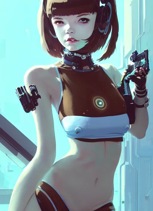 Image similar to portrait of cute maiden girl in cyber bikini armor, face by ilya kuvshinov, warhammer, cyberpunk, by atey ghailan, by greg rutkowski, by greg tocchini, by james gilleard, by joe fenton, by kaethe butcher, dynamic lighting, gradient light blue, brown, blonde cream and white color in scheme, grunge aesthetic