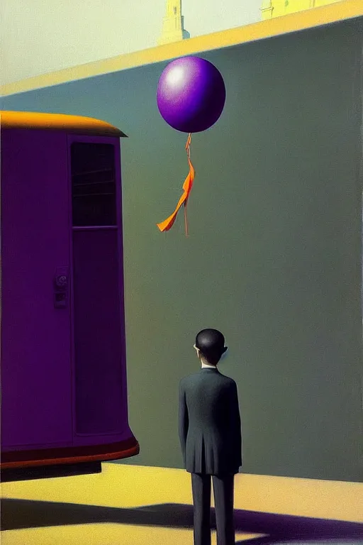 Image similar to a man holding purple balloon on his hand, standing outside of a bus, edward hopper and james gilleard zdzislaw beksisnski higly detailed