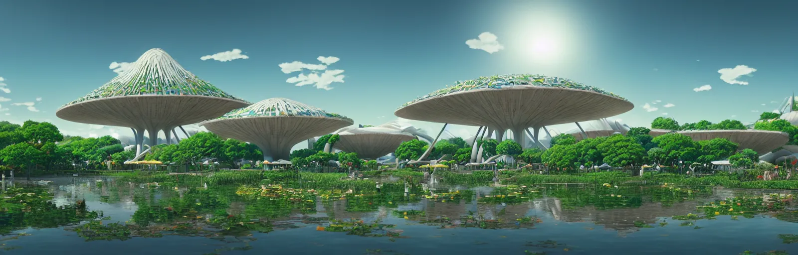 Image similar to expo 6 7 pavillion, solarpunk, studio ghibli, jean - baptiste monge, octane render, 4 k, symmetry