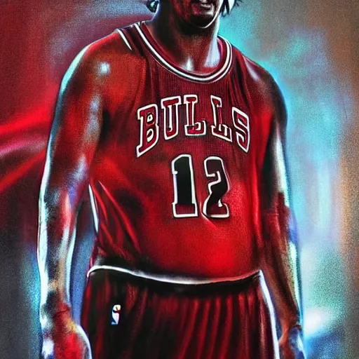 Prompt: hyperrealistic mixed media image of Morbidly Obese Keanu Reeves Chicago Bulls basketball, stunning 3d render inspired art by István Sándorfi and Greg Rutkowski, perfect facial symmetry, realistic, highly detailed attributes and atmosphere, dim volumetric cinematic lighting, 8k octane extremely hyper-detailed render, post-processing, masterpiece,