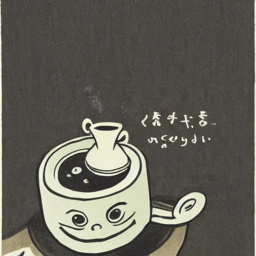 Image similar to highly detailed illustration of a monster smiling and dancing around a beautiful steaming cup of coffee, style of Japanese illustration, Maurice Sendak, Tove Jansson