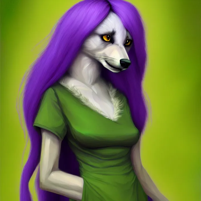 Prompt: a digital painting of an anthropomorphic female wolf fursona with long violet hair wearing a green dress, symmetry, focus, furry, soft lighting, oil on canvas, hyper detailed