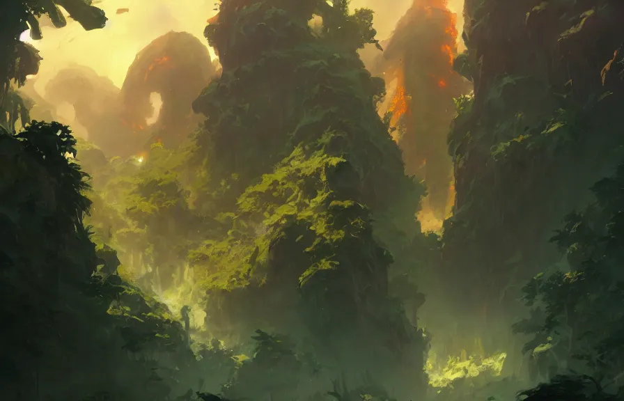 Prompt: greg manchess concept art of a the volcanic jungle dimension, key visual, ambient lighting, highly detailed, digital painting, artstation, concept art, sharp focus, by makoto shinkai and akihiko yoshida and hidari and wlop and greg rutkowski