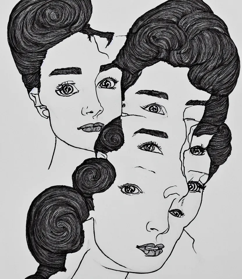 Prompt: detailed line art portrait of audrey hepburn, inspired by egon schiele. contour lines, twirls, curls, curves, strong confident personality