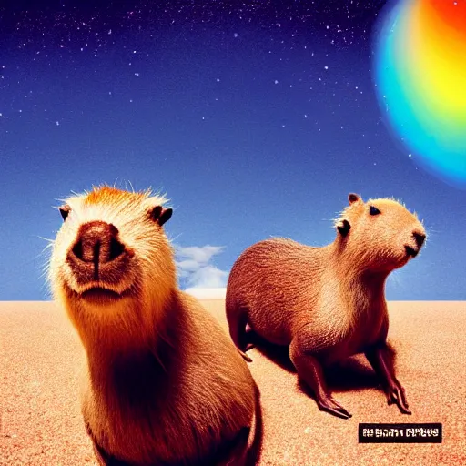 Image similar to an album cover featuring a capybara in the style of Daft Punk