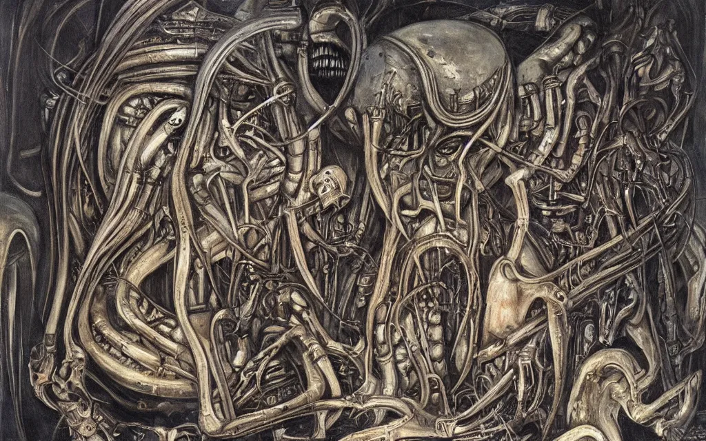 Prompt: a beautiful painting representative of the art style of h. r. giger