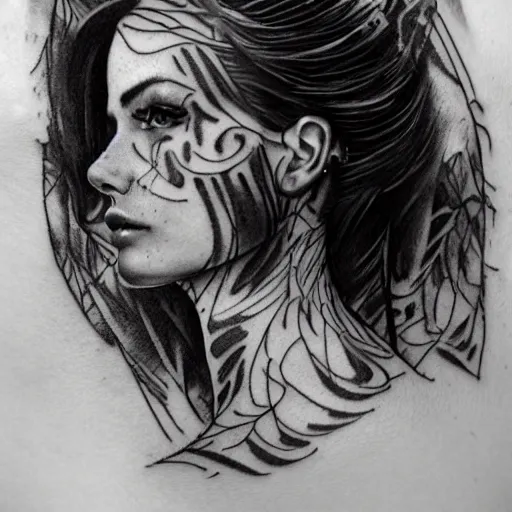 Prompt: realistic tattoo sketch of a beautiful woman face double exposure with a mountain scenery